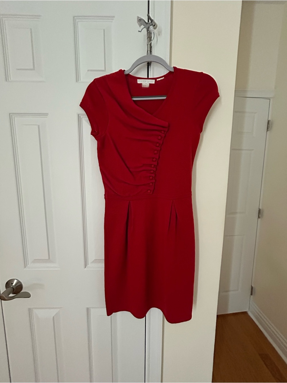 Red Wool Cap-Sleeve Sheath Dress